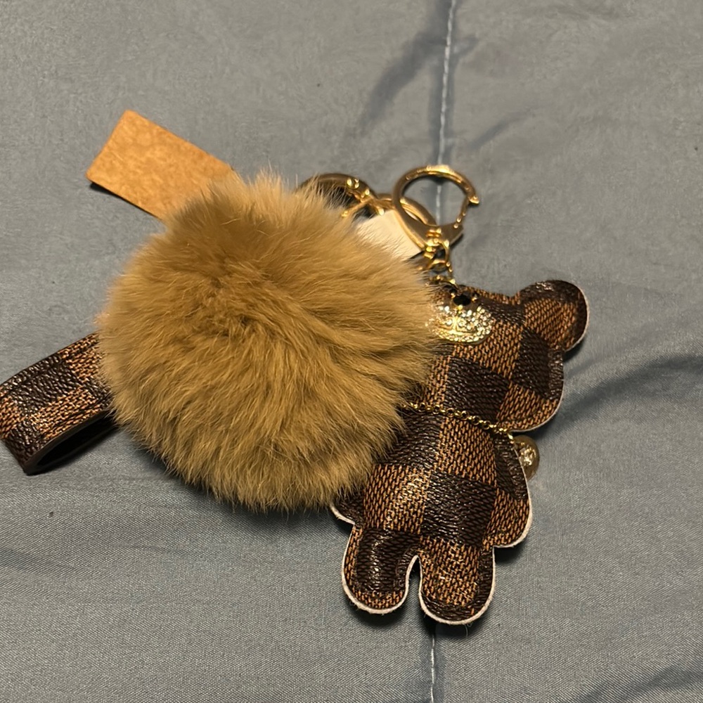 Brown Checkered Keychain with Pom Pom